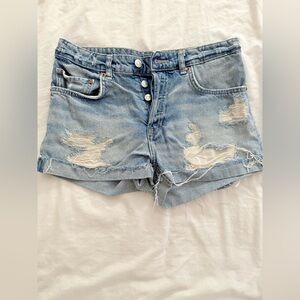 &Denim Blue Distressed Boyfriend Jean Shorts with Rolled Hem